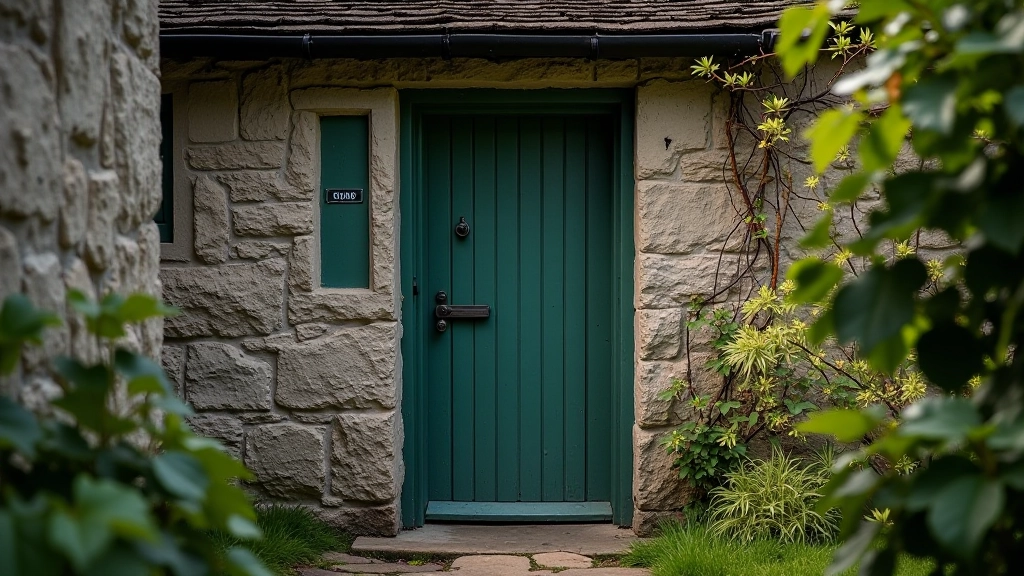Detailed view of original lock keeper cottage door and window with period stonework and architectural details preserved