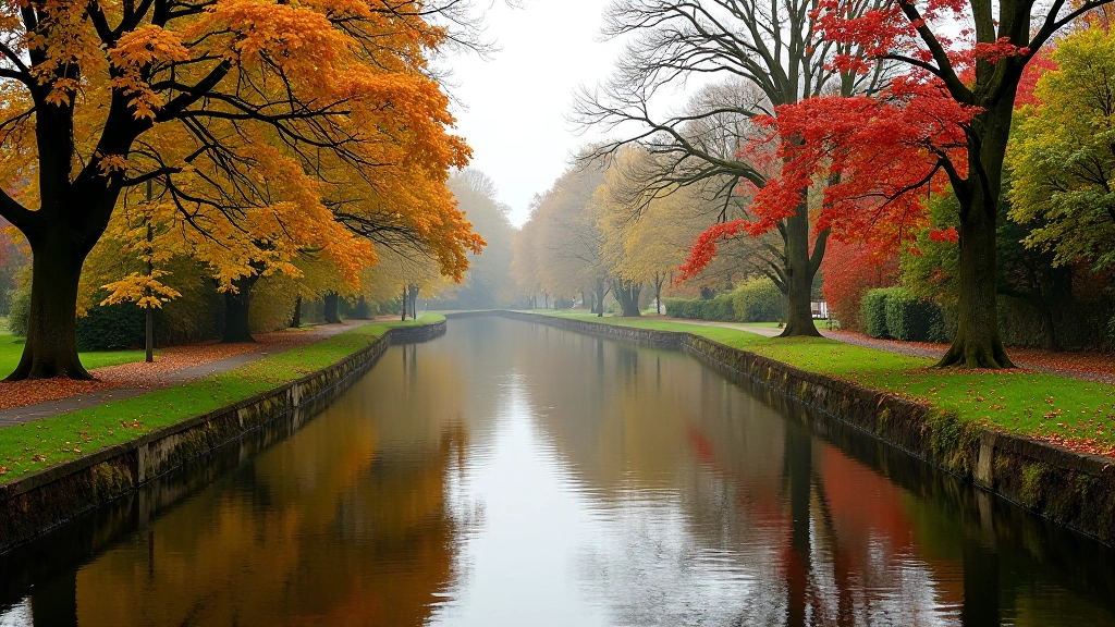 Autumn leaves falling along canal towpath, reflection in water, trees with golden and red foliage, moody daylight