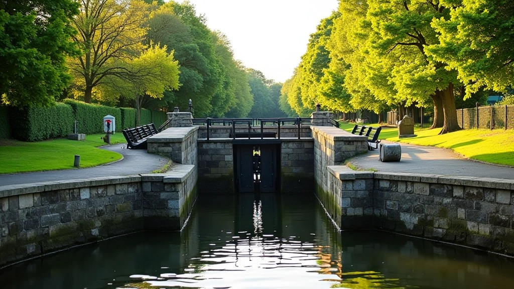 Lock gates on Royal Canal with water level visible, stone walls and surrounding vegetation creating intimate canal atmosphere