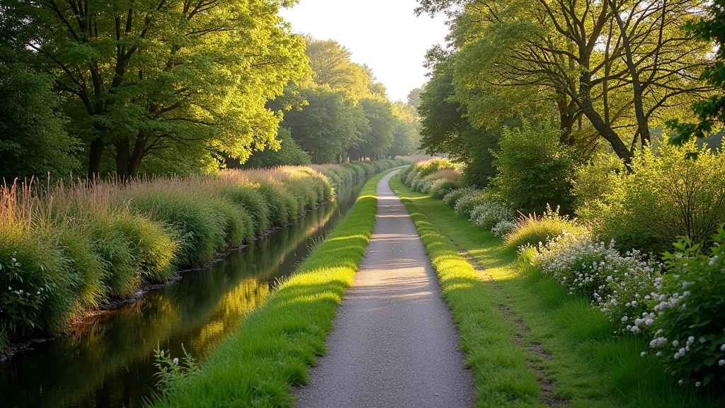 Lush vegetation and native plants growing beside the Royal Canal during spring season