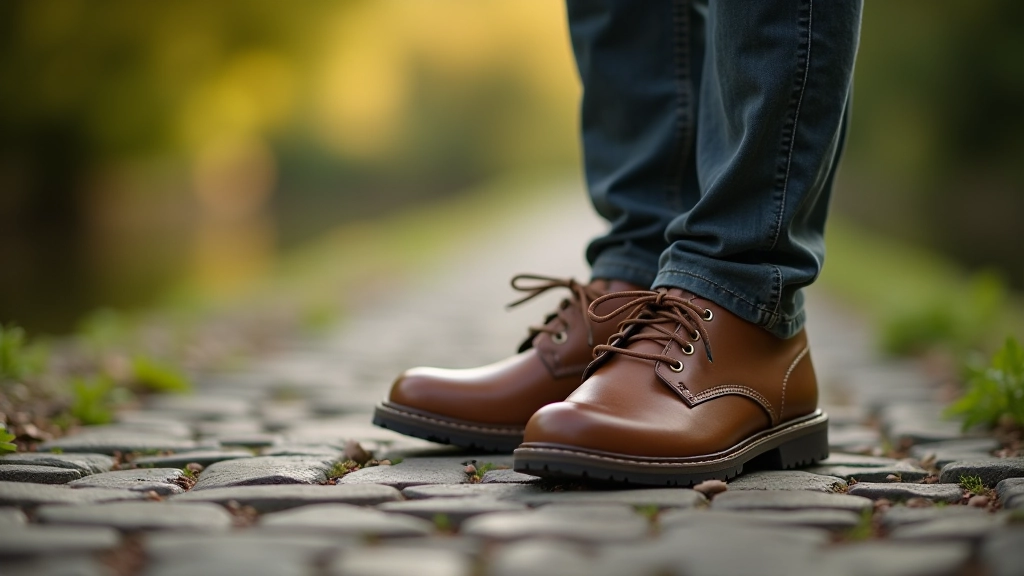 Close-up of comfortable walking shoes placed on natural stone near towpath with green grass and water visible