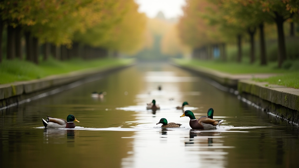 Wildlife scene showing ducks and water birds on Royal Canal with trees and towpath in background during morning hours