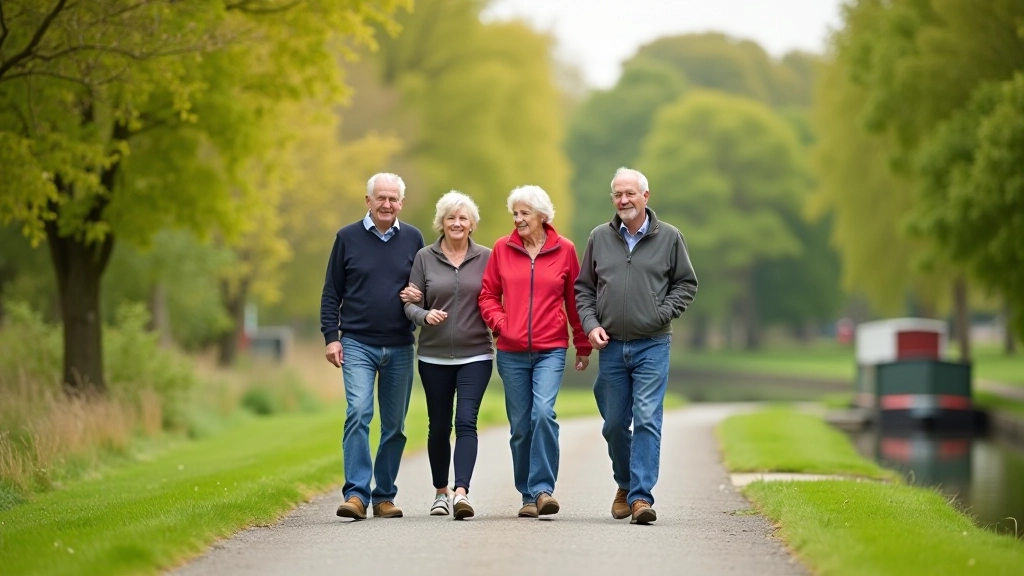 Group of retirees walking together on the canal towpath in pleasant weather conditions