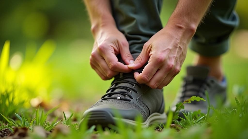 Close-up of hands adjusting walking shoe laces outdoors on a sunny day with green grass visible