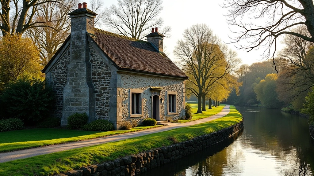 Historic lock keeper cottage beside the Royal Canal in Dublin with towpath visible