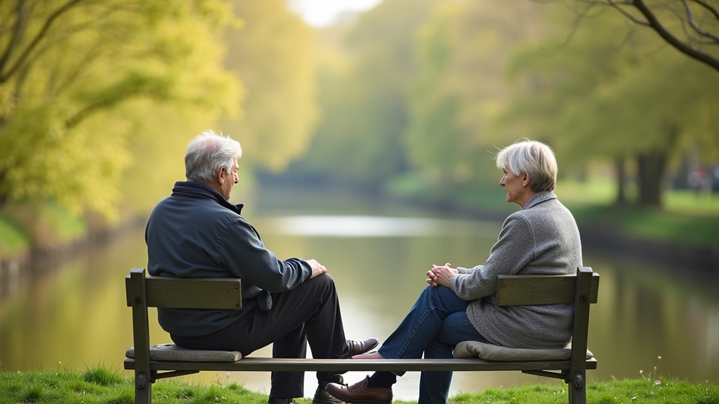 Retired couple sitting on wooden bench overlooking Royal Canal towpath on a pleasant spring morning