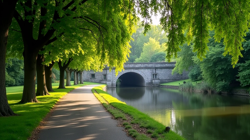 Paved towpath along Royal Canal with calm water reflecting overhanging trees and historic stone bridge in the distance