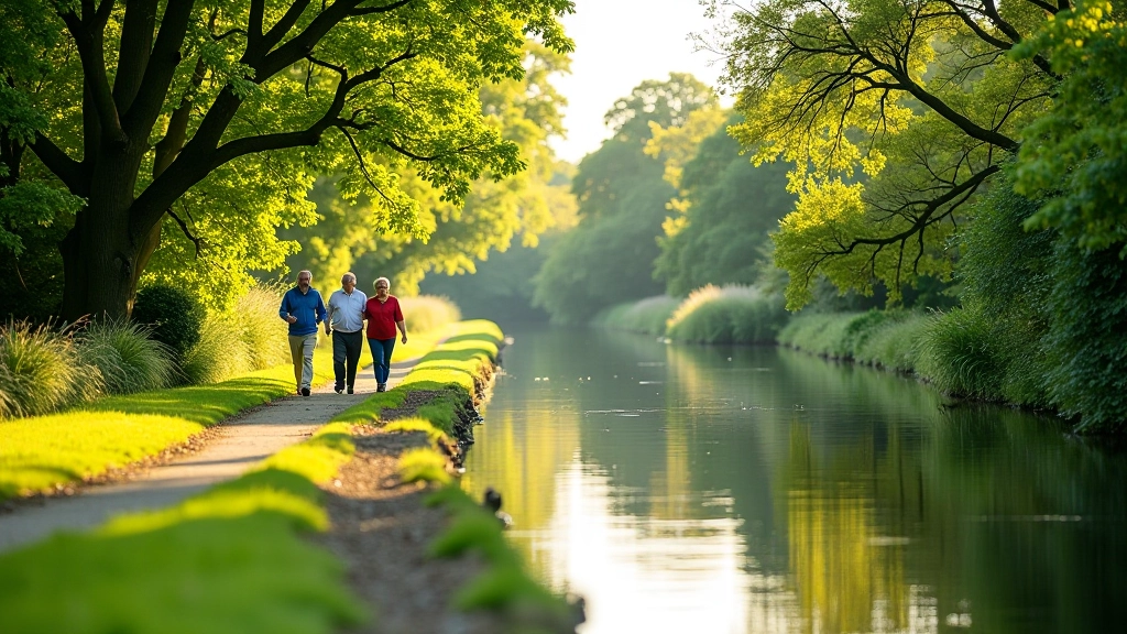 Peaceful towpath walk showing canal water, trees, and walkers enjoying the scenery