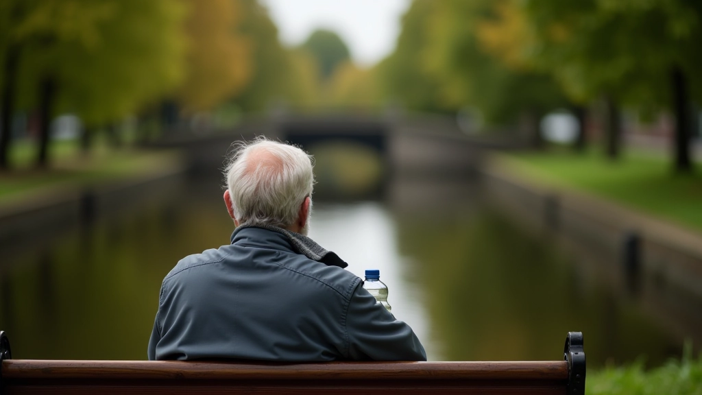 Person sitting on wooden bench along canal path holding water bottle, relaxed posture with scenic water view