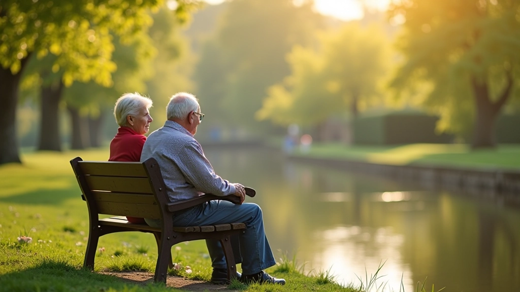 Mature couple enjoying conversation on a bench overlooking the canal on a pleasant morning