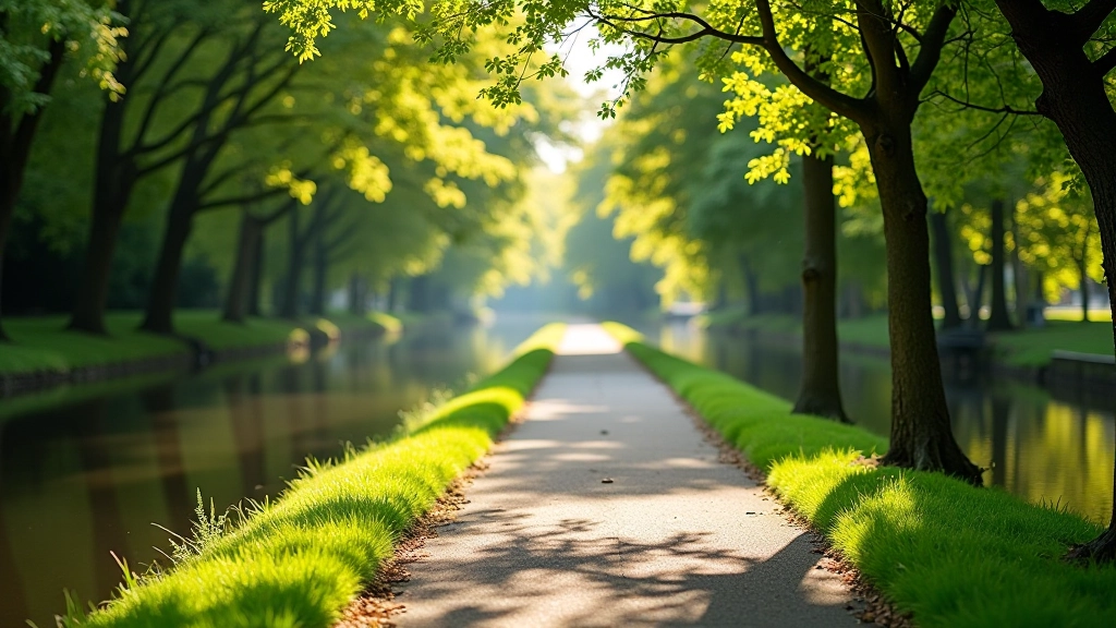Scenic towpath along Royal Canal with trees reflecting in calm water on a sunny afternoon