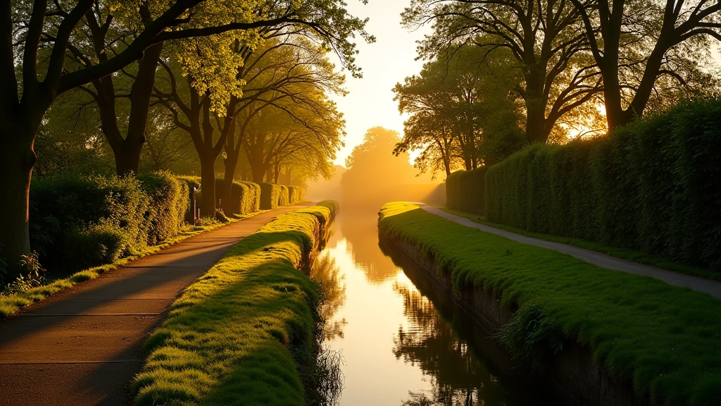 Peaceful Royal Canal towpath with mature trees and calm water on a sunny afternoon, perfect for leisurely walking